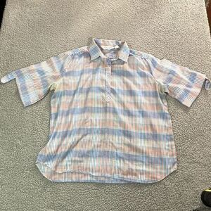 Vintage Amy Barr Button Up Shirt Women's Short Sleeve Roll Up Plaid Blue 42